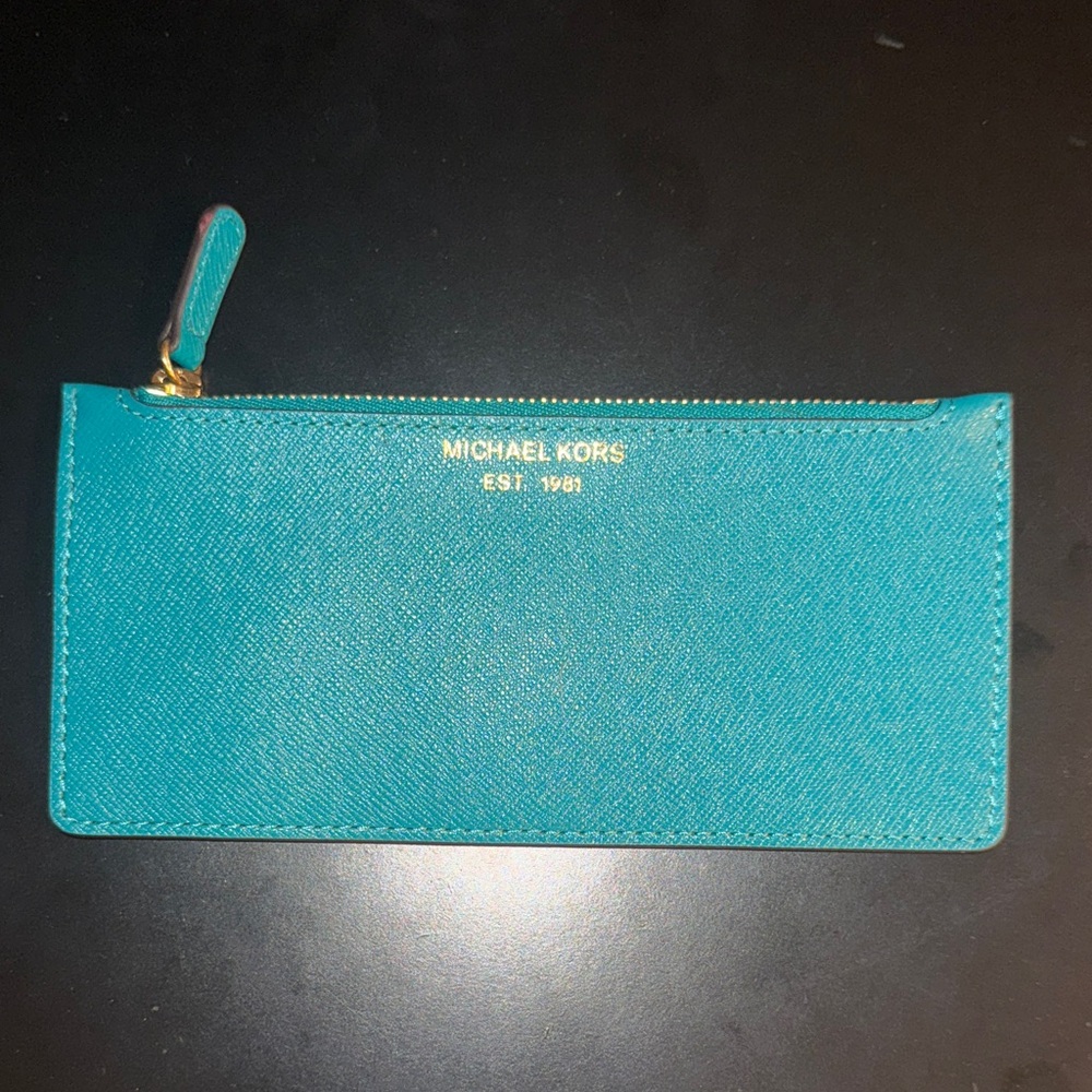 Michael Kors Turquoise and Gold Jet Set Travel Top Zip Coin Wallet